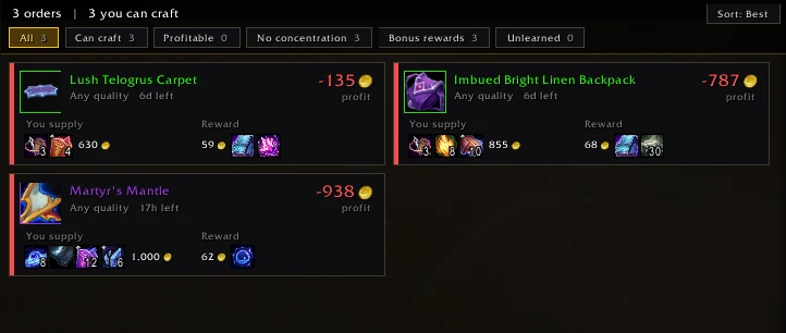 Patron Planner card view: a summary bar with filters above three patron order cards, each showing profit, quality needed, time left, the materials you supply and the reward