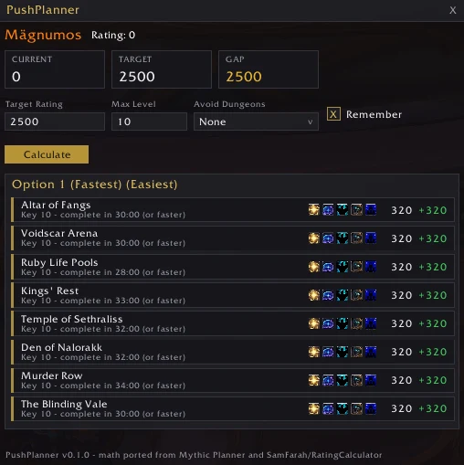 Push Planner window showing a plan of eight Mythic+ keys
