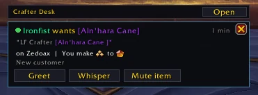 A crafting request alert