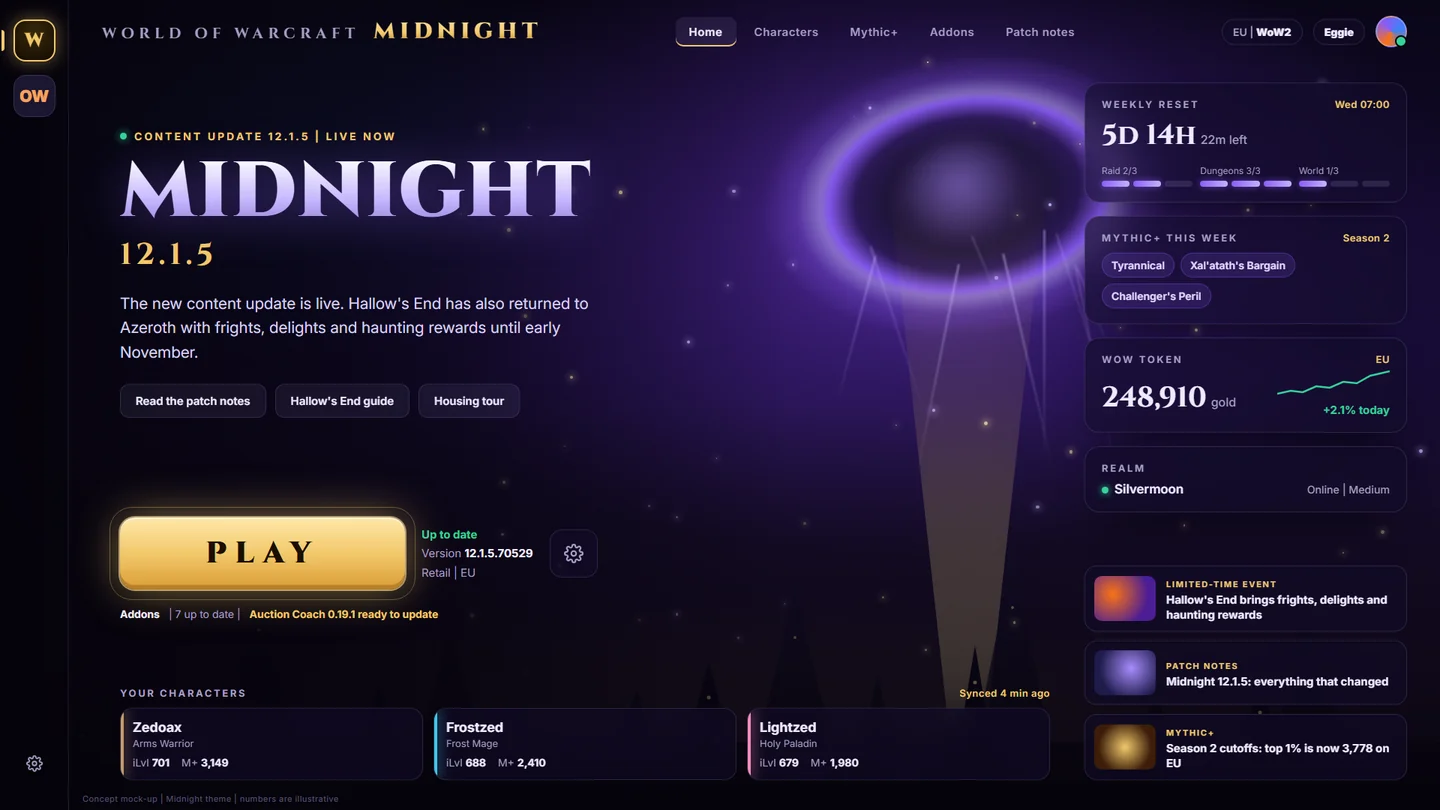 Waygate concept: the World of Warcraft page in the Midnight theme, with a void rift over Silvermoon, a gold Play button, the weekly reset, Mythic+ affixes, the WoW Token price, characters and news